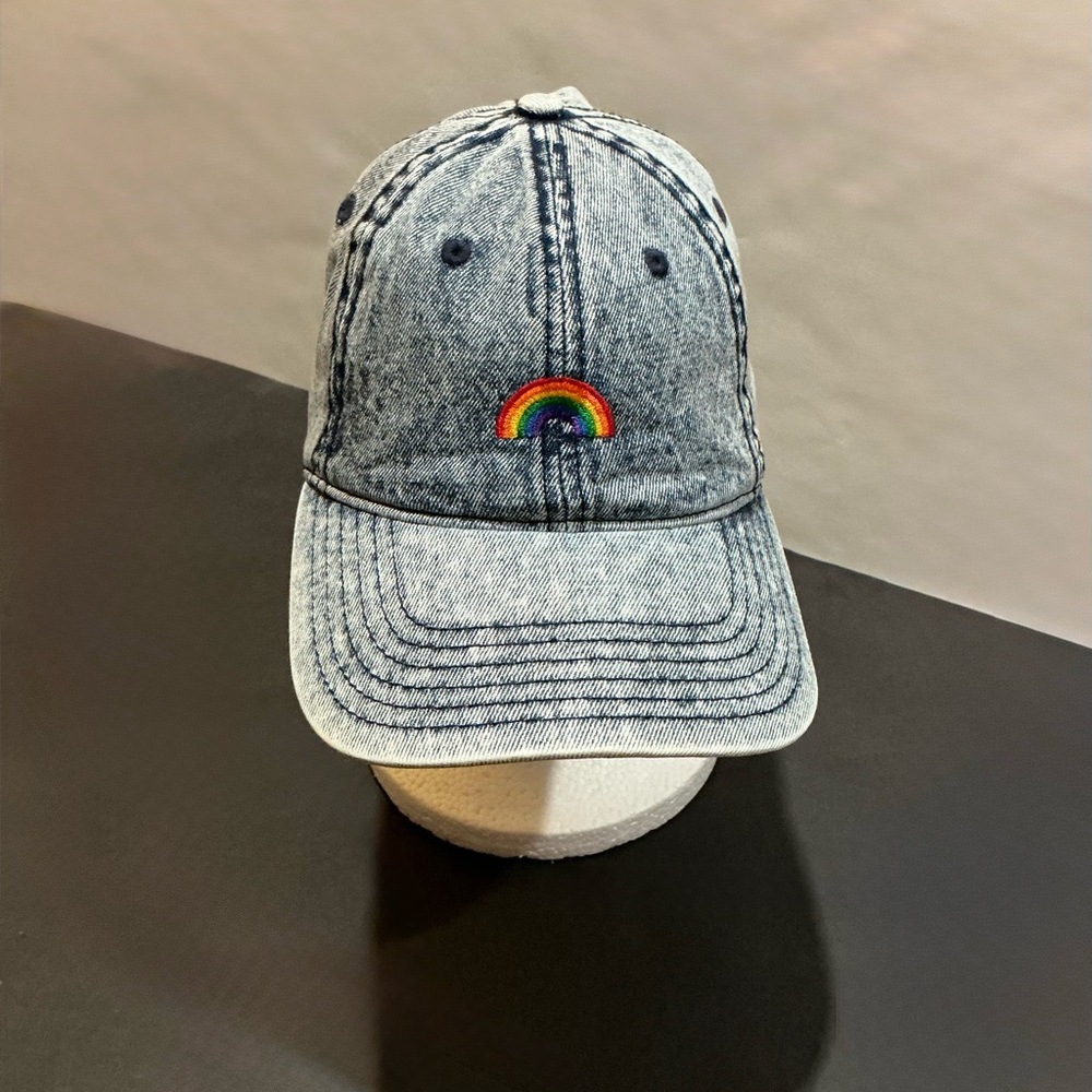 American Eagle Outfitters Baseball Cap Hat Stonewashed Denim Rainbow Embroidered - Picture 1 of 10